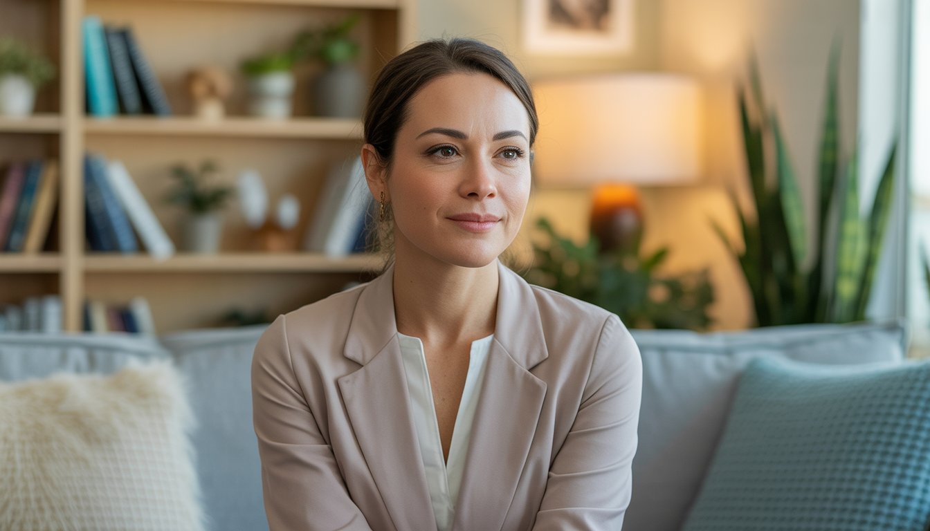A female therapist sitting in a cozy, modern office with bookshelves and plants, looking attentive and approachable.