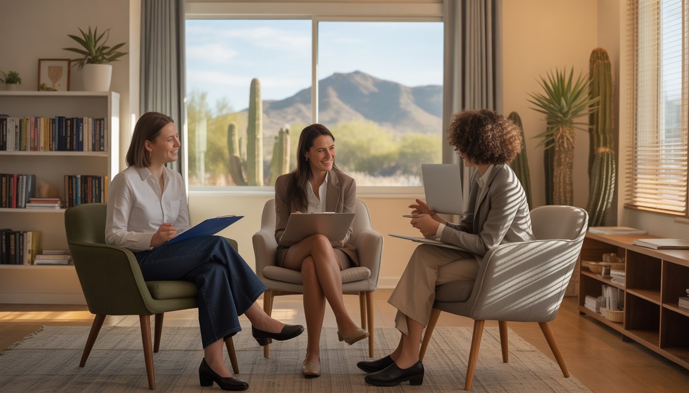 Three therapists in a counseling office with a desert view, engaged in a supportive discussion.