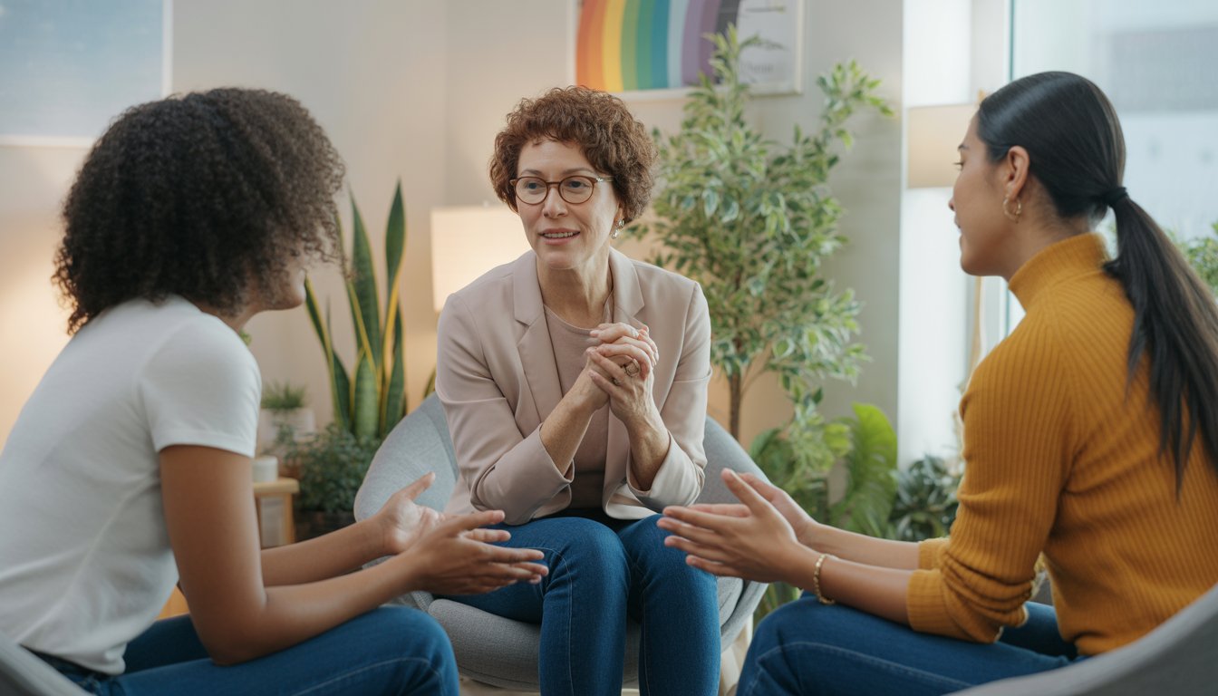 Three diverse adults having a supportive conversation in a bright, welcoming therapy office.