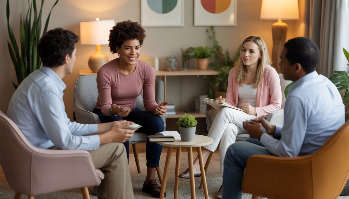 A diverse group of adults in a counseling session sitting in a circle, engaged in conversation with a therapist in a calm, welcoming office.