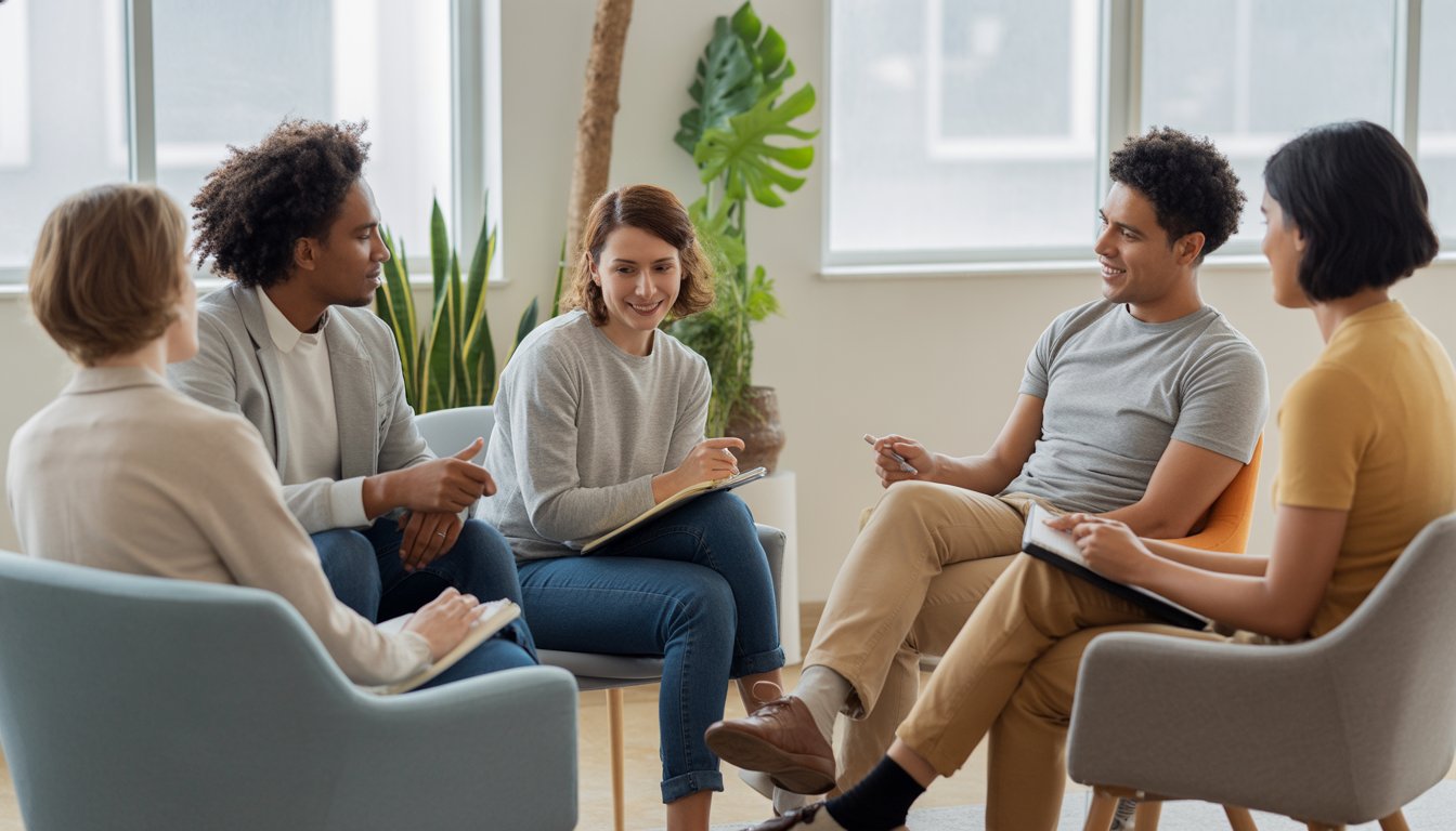 A diverse group of adults sitting in a circle in a bright counseling office, engaged in a supportive group therapy session.