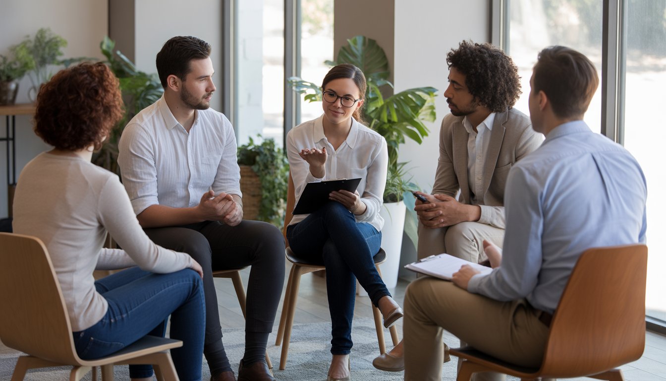 A therapist leading a supportive group therapy session with diverse adults in a bright, comfortable office.