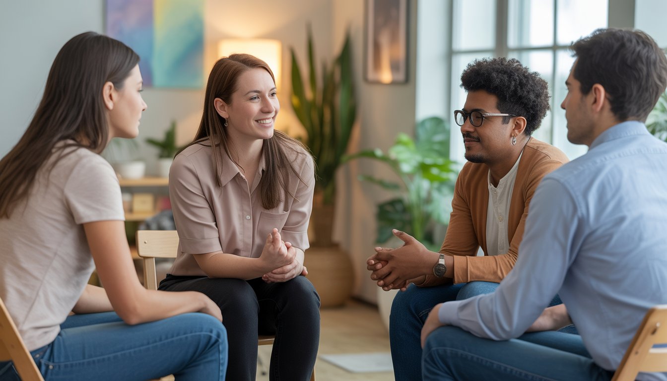A therapist and three adults sitting in a circle in a bright, welcoming therapy office engaged in a supportive group discussion.