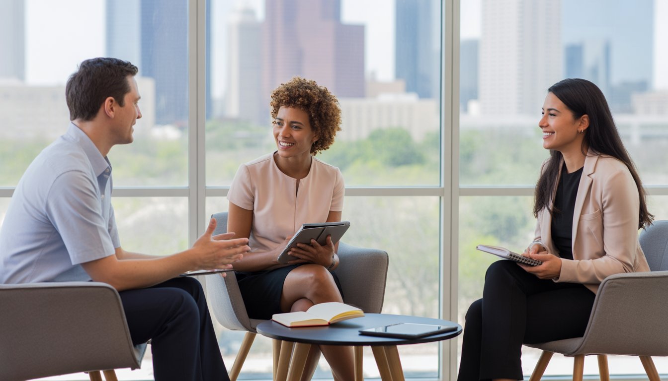 Three therapists of diverse backgrounds having a friendly conversation in a bright office with a view of Houston city.