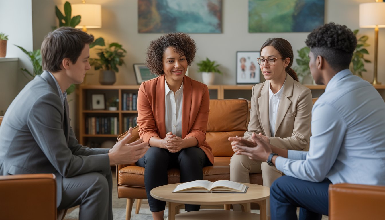 A diverse group of therapists having a supportive discussion in a comfortable, modern therapy office.