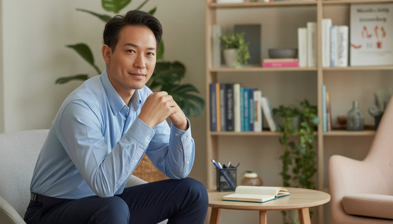 A male therapist sitting in a comfortable office with bookshelves and plants, smiling gently and looking approachable.