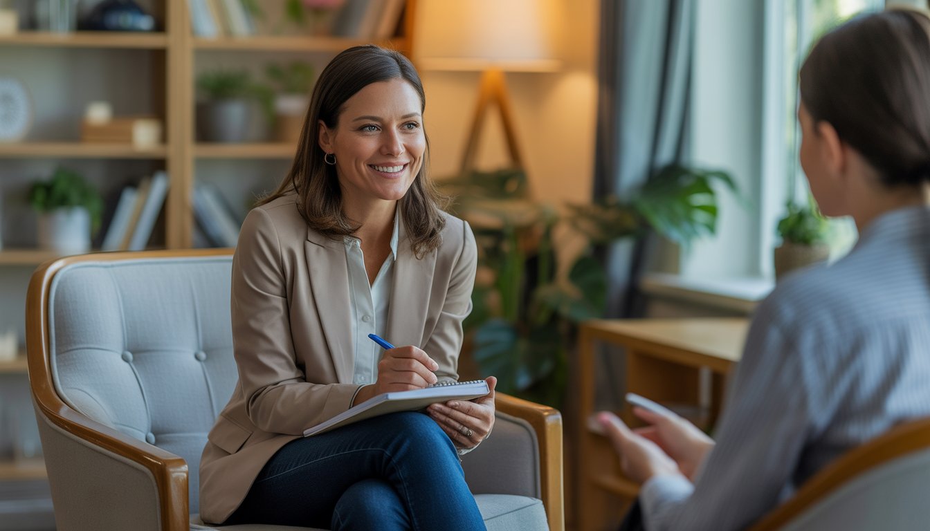 A female therapist sitting in a comfortable office, listening attentively to a client.