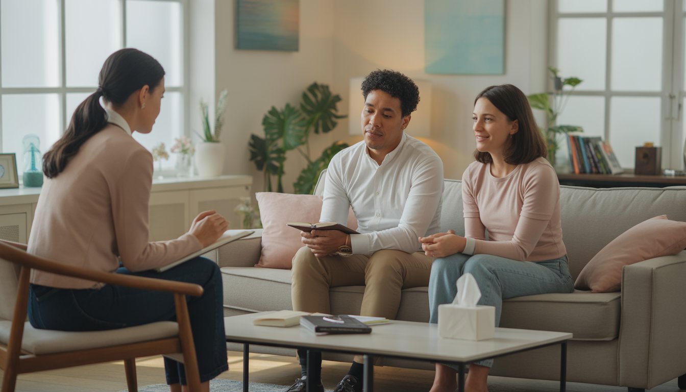 Three adults in a bright therapy office engaged in a supportive counseling session, with a therapist listening to a couple sitting on a sofa.