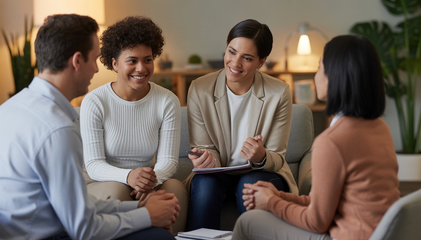 Two diverse couples and a therapist engaged in a supportive conversation in a bright, welcoming therapy office.