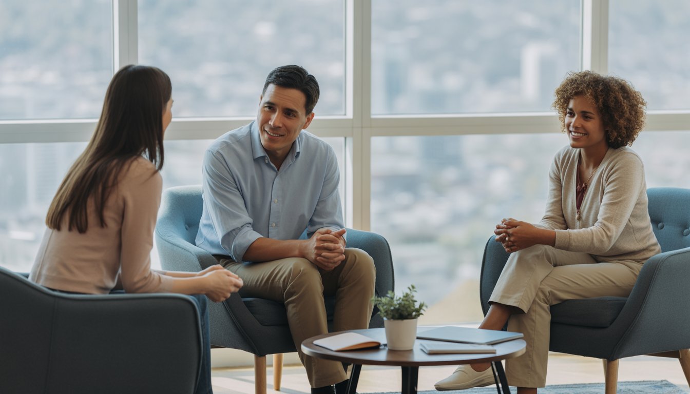 Three adults sitting and talking in a bright therapy office with a view of a city skyline through large windows.