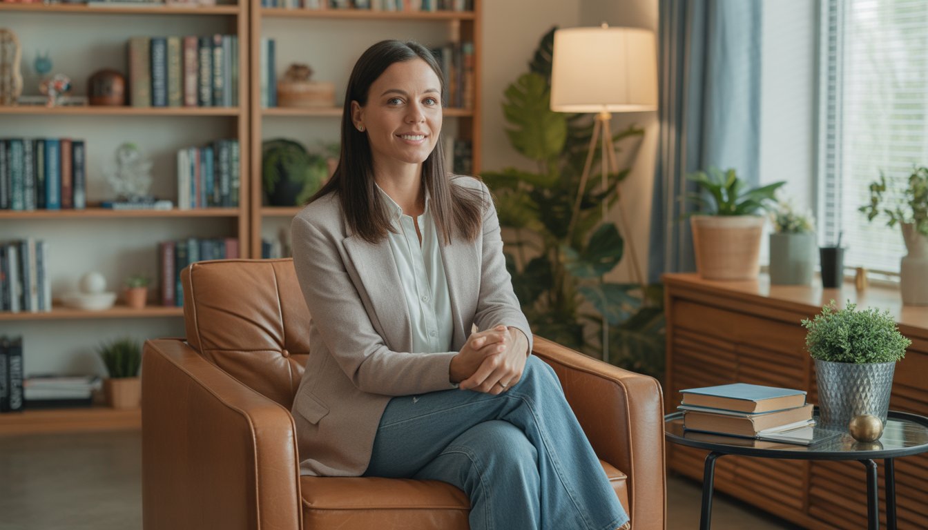 A female therapist sitting in a comfortable office with bookshelves and plants, looking friendly and approachable.