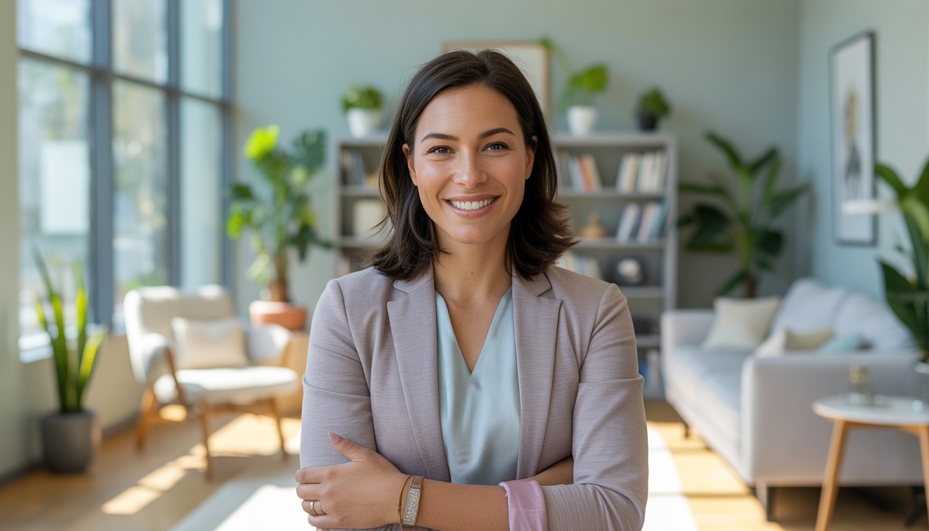 A female therapist smiling warmly in a bright, modern counseling office with plants and bookshelves in the background.