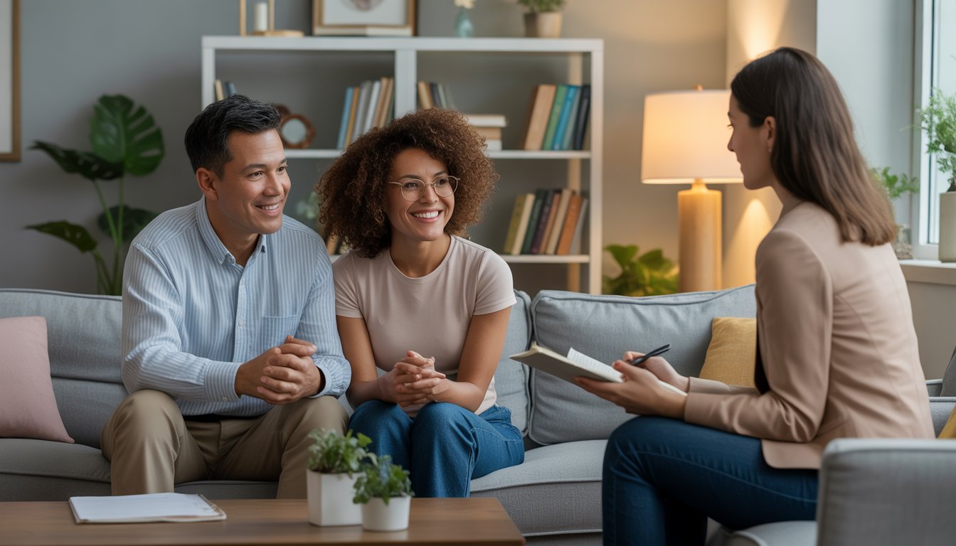 A therapist talking with a couple in a comfortable office setting, showing a supportive and open conversation.