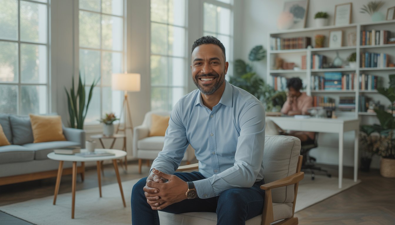 A therapist sitting in a bright, comfortable office with plants and bookshelves, creating a welcoming and confidential environment.