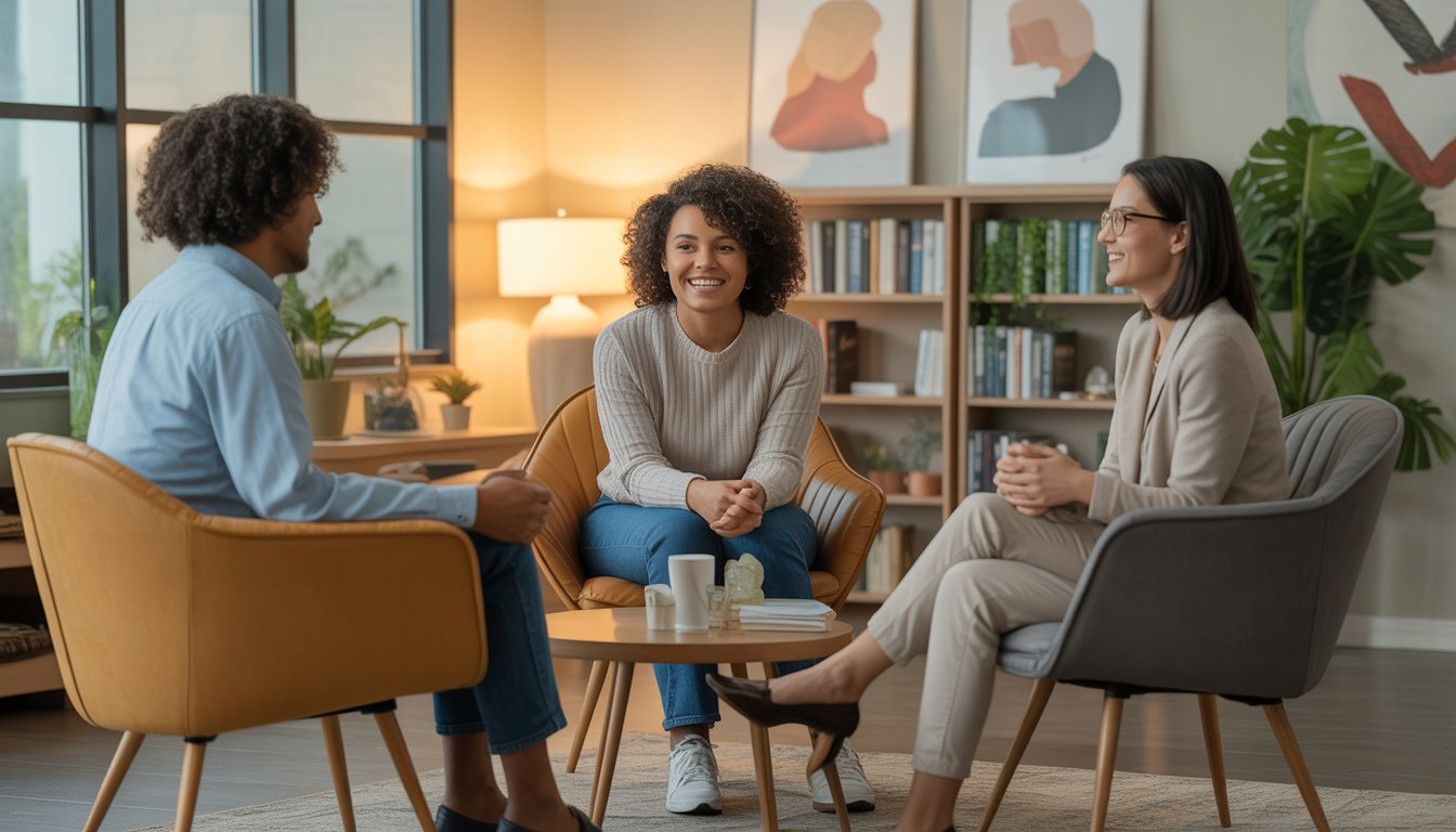 Three adults sitting in a cozy therapy office having a supportive counseling session.