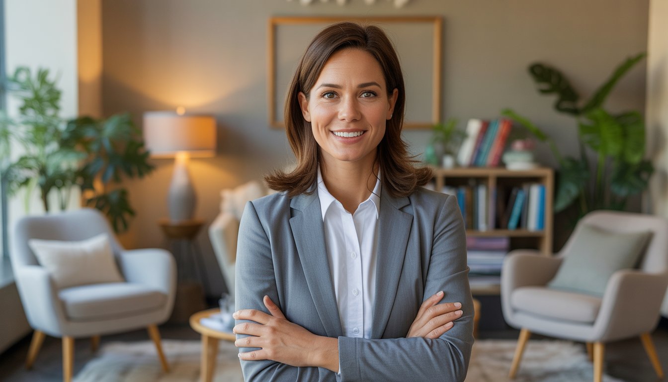 A female therapist sitting in a comfortable office with books and plants, smiling warmly.