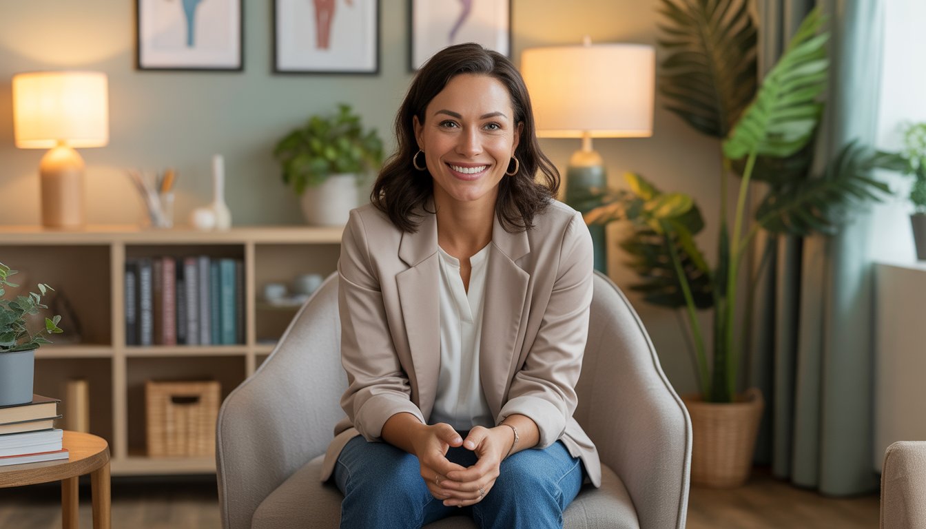 A smiling female therapist sitting in a cozy office with bookshelves and plants, creating a warm and welcoming atmosphere.