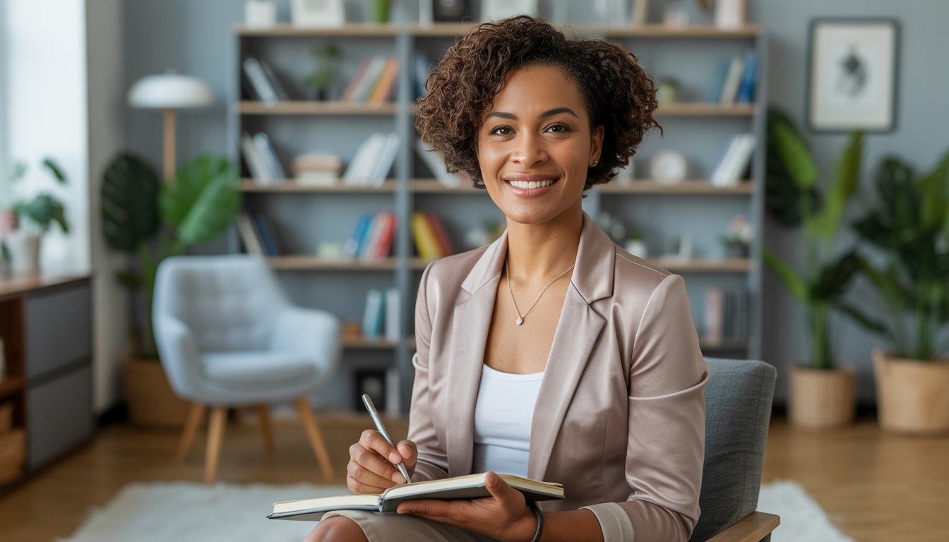 A female therapist sitting in a cozy counseling office, smiling gently and holding a notebook.