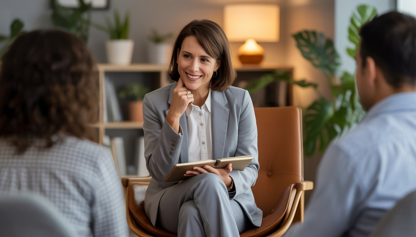 A female therapist talking with two clients in a comfortable office setting.