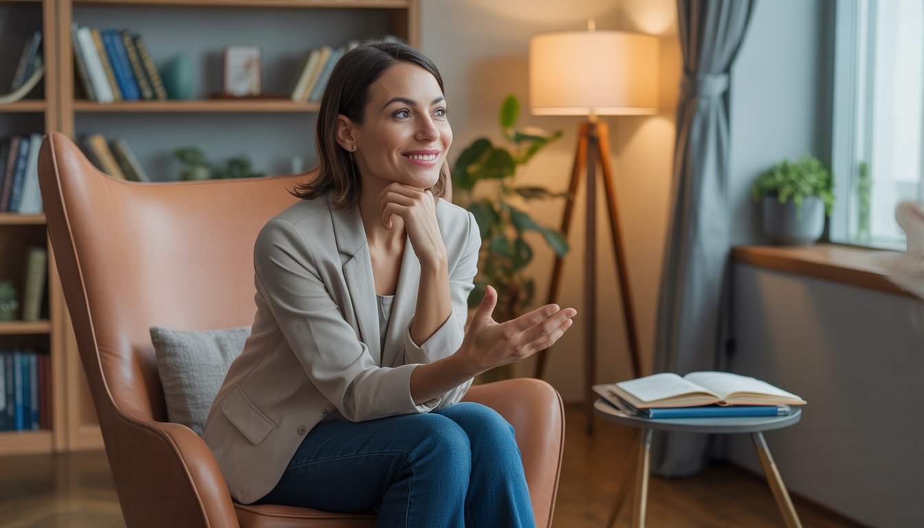 A female therapist sitting in a comfortable office, engaged in conversation, surrounded by books and plants.
