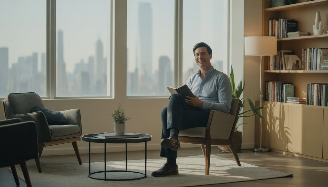A male therapist sitting in a bright office with a view of the New York City skyline, surrounded by modern furniture and bookshelves.
