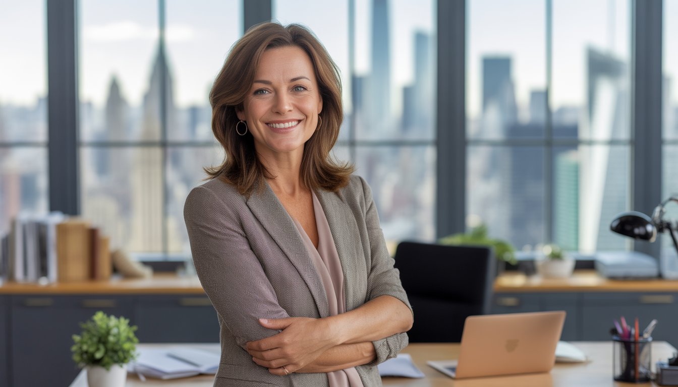 A woman standing in a modern office with large windows showing a city skyline, smiling warmly and dressed professionally.
