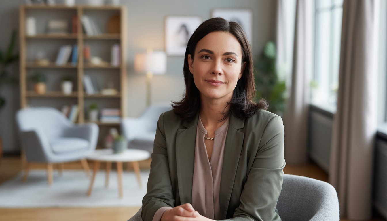 A female therapist sitting in a modern office with bookshelves and soft natural light, smiling warmly.