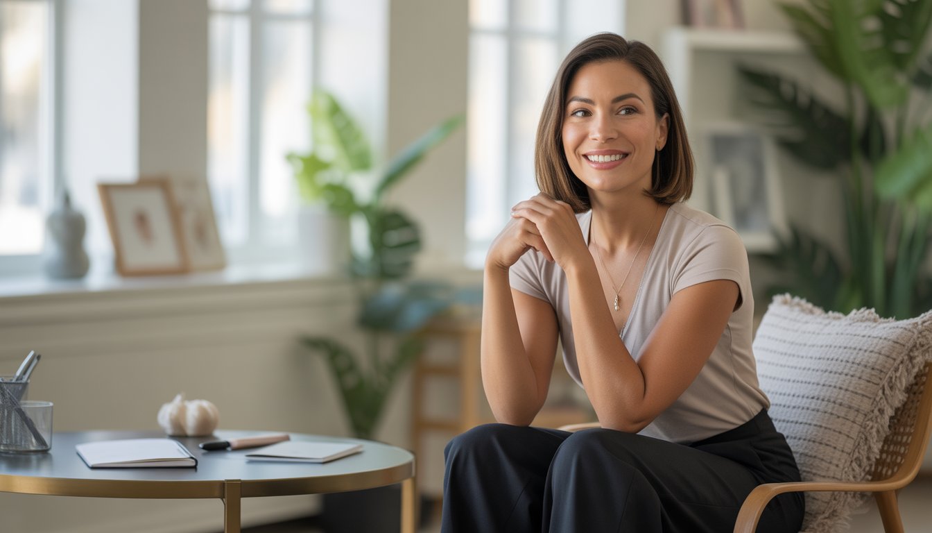 A female therapist sitting in a comfortable chair in a bright, modern office with plants and natural light.