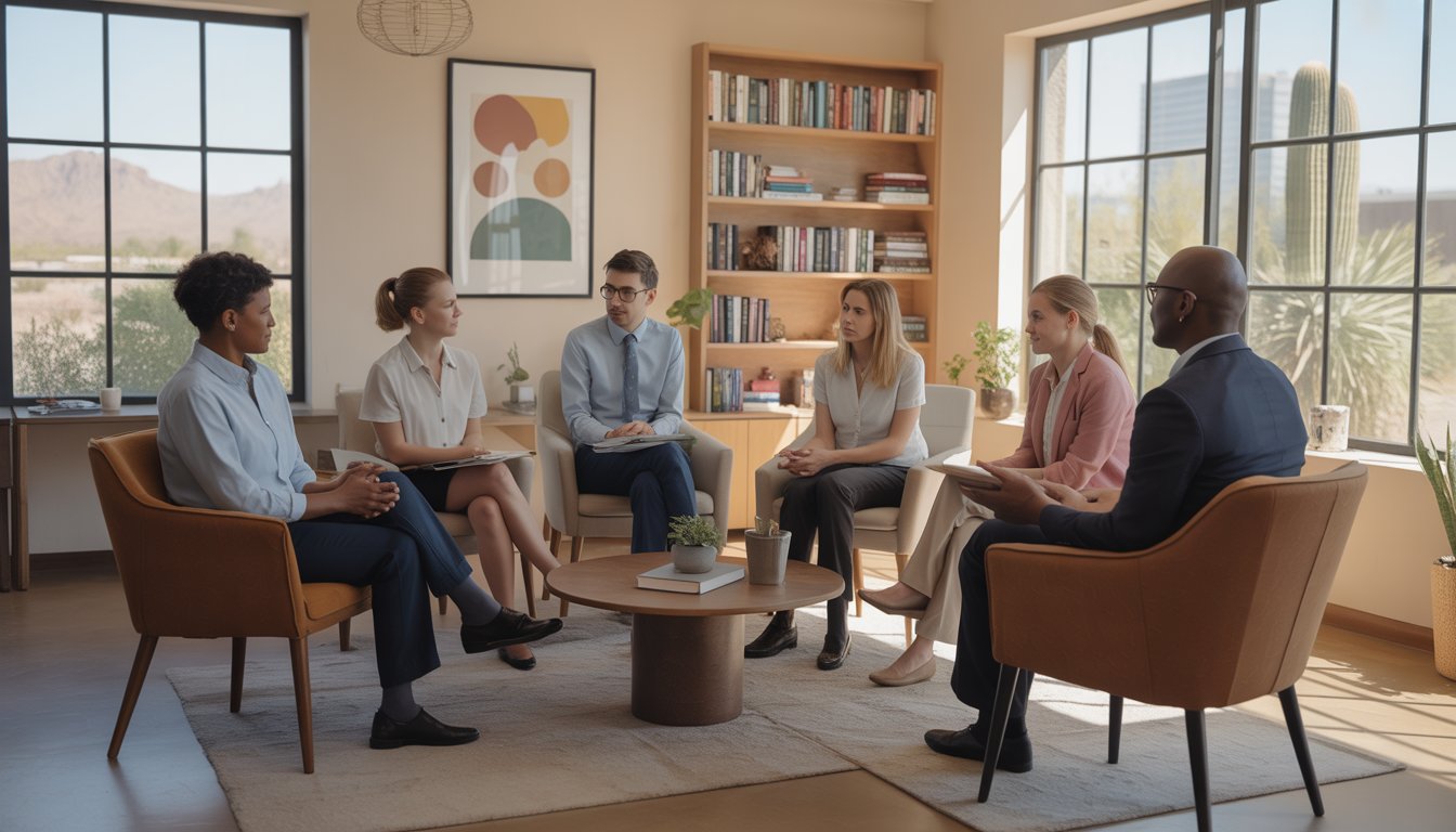 A diverse group of therapists talking together in a bright, comfortable therapy room with a view of the Phoenix cityscape outside.