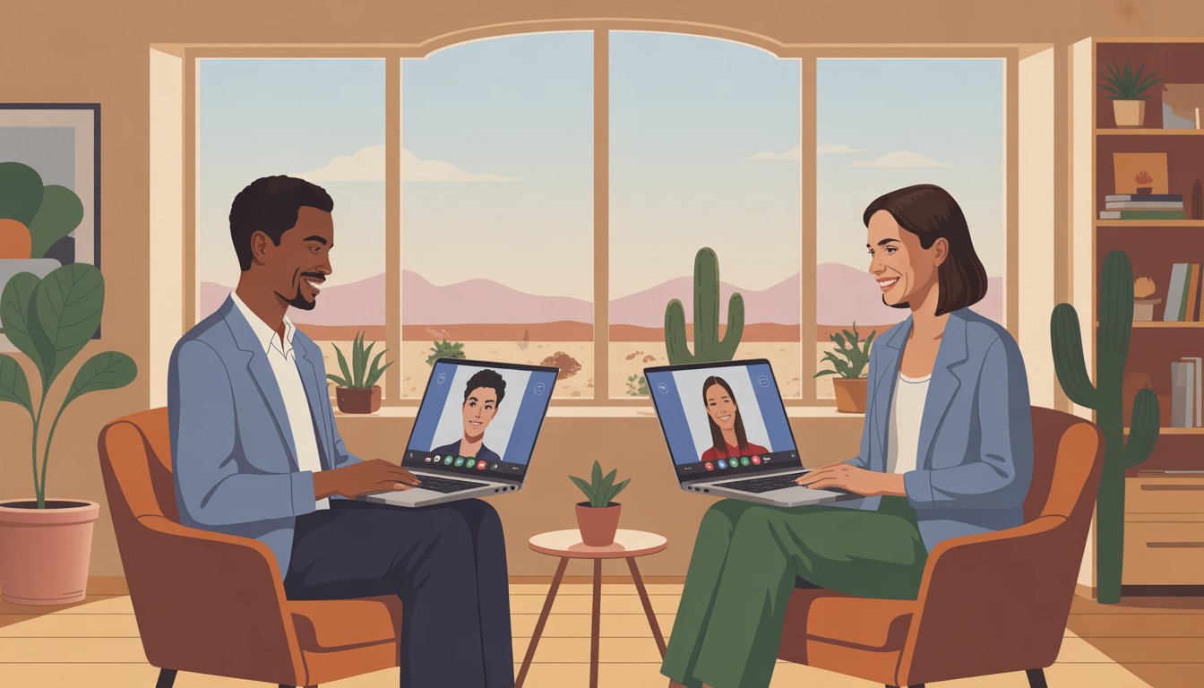 Two therapists in a bright office conducting an online counseling session with laptops, with a desert landscape visible through a window.