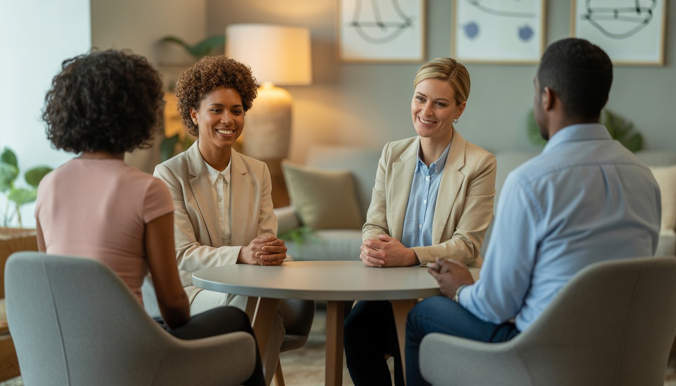 A diverse group of therapists and clients having a supportive conversation in a bright, modern counseling office.