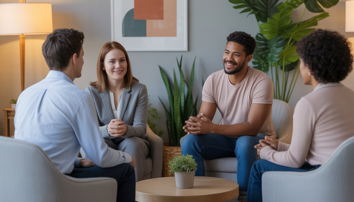 A group of counselors talking with a diverse couple and an individual in a bright, comfortable therapy office.