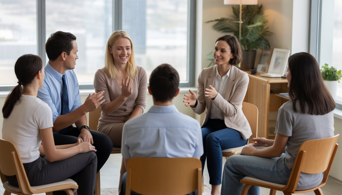 A group therapy session with therapists and clients discussing relationships in a bright, comfortable office.