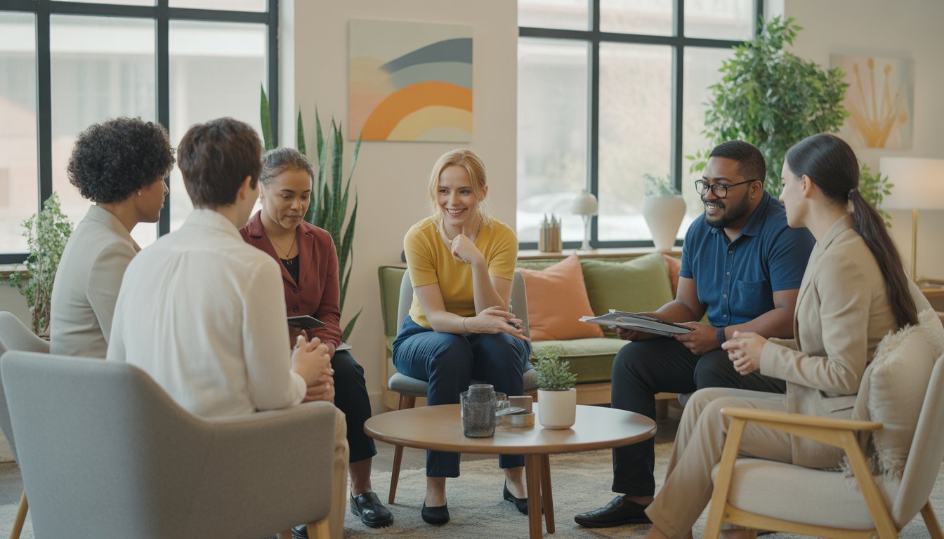 A diverse group of mental health professionals having a friendly discussion in a bright, modern therapy office.