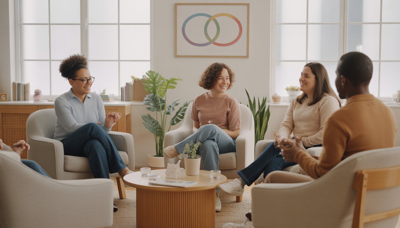 Three diverse adults sitting in a bright therapy room, engaged in a supportive counseling session focused on inclusivity and open relationships.