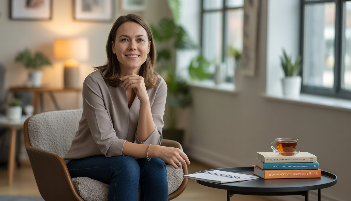 A female therapist sitting in a cozy office with natural light, plants, and therapy books on a table nearby.