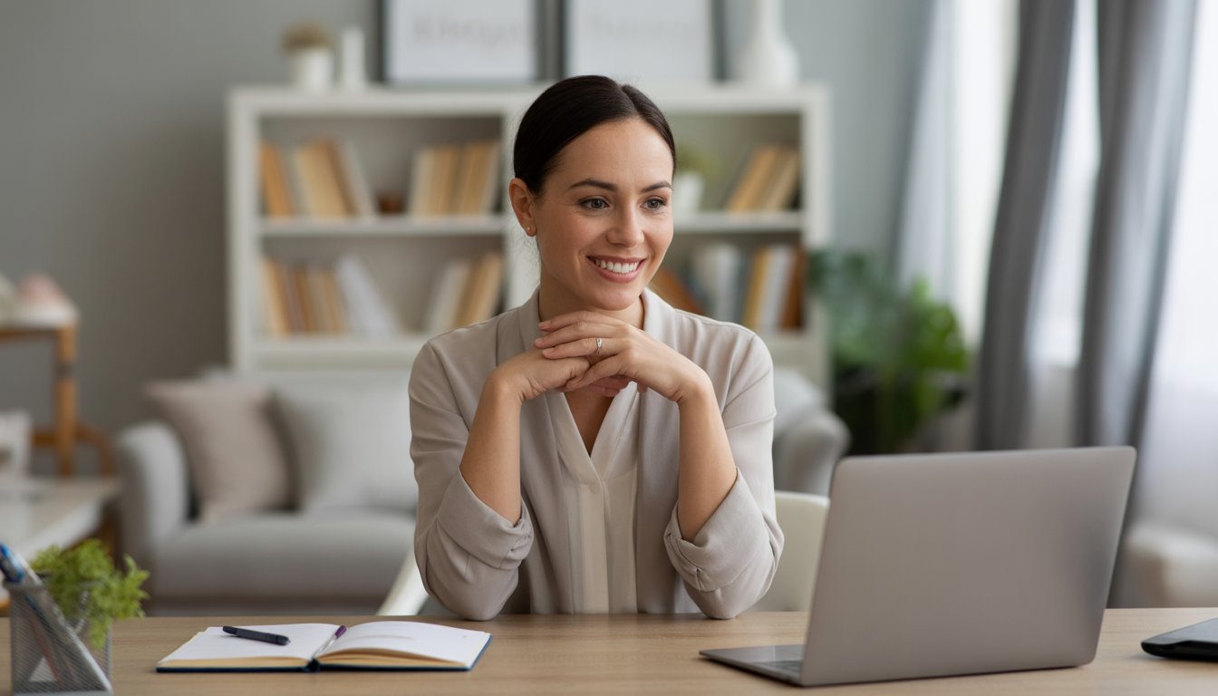 A female therapist sitting at a desk with a laptop in a bright, tidy home office, smiling warmly during a virtual therapy session.
