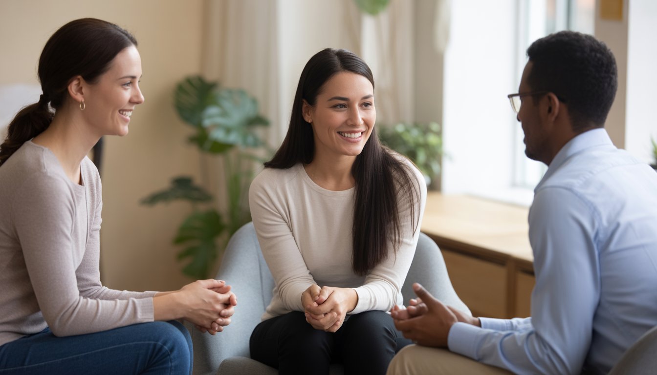 Three adults sitting together in a bright, comfortable counseling office, engaged in a supportive conversation.