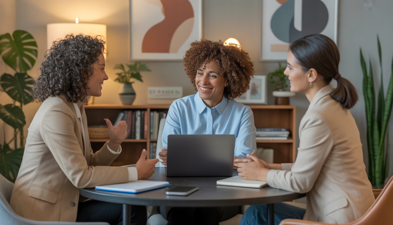 Three therapists in a modern office having a supportive discussion around a table.