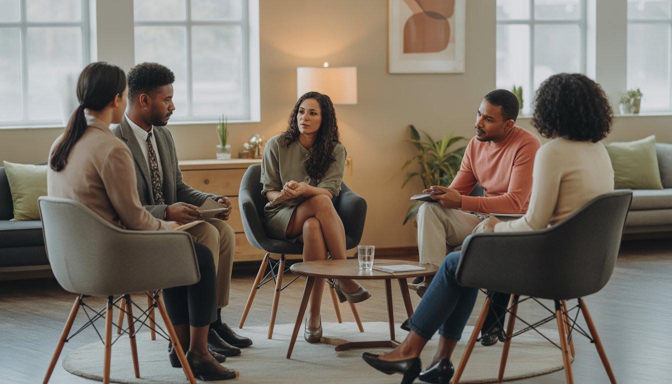 A group of adults and a therapist sitting in a circle in a counseling office, engaged in a supportive conversation.