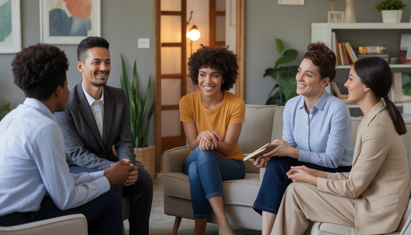 A diverse group of therapists in a bright, comfortable office engaging in a supportive conversation.