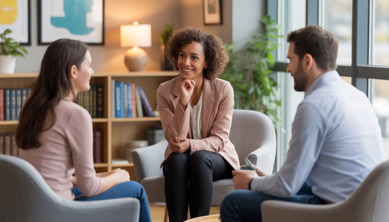 A therapist talking with a couple in a bright, comfortable therapy office.
