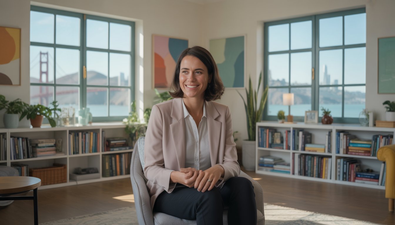 A female therapist sitting in a bright office with a view of San Francisco, smiling warmly in a comfortable, modern setting.