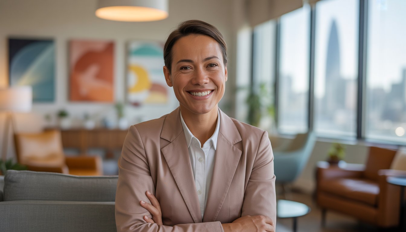A smiling therapist sitting in a modern office with large windows showing the San Francisco skyline.