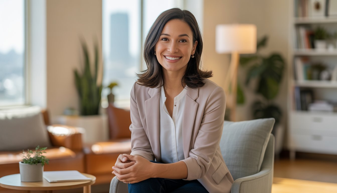 A female therapist sitting in a bright, modern office with a view of San Francisco in the background.