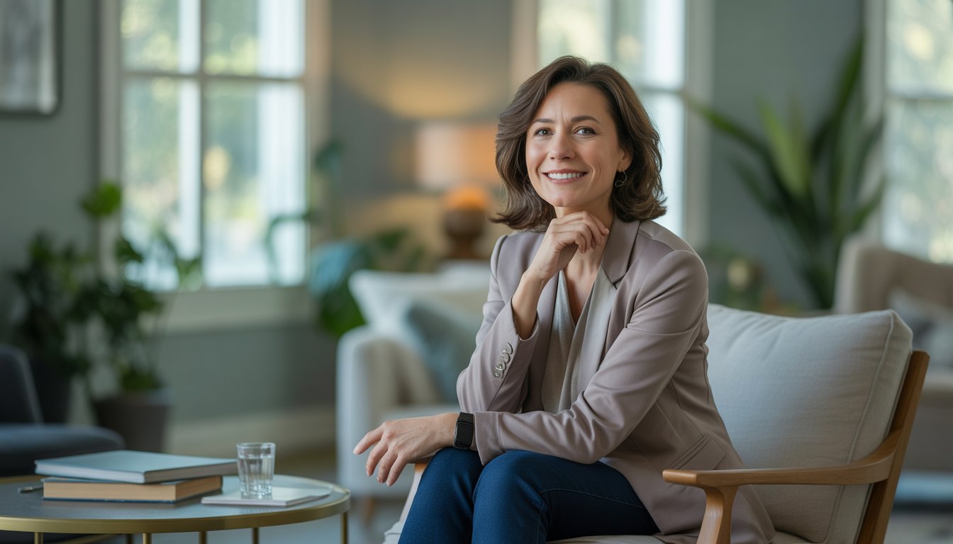 A female therapist sitting in a comfortable office with natural light and plants, looking attentive and approachable.