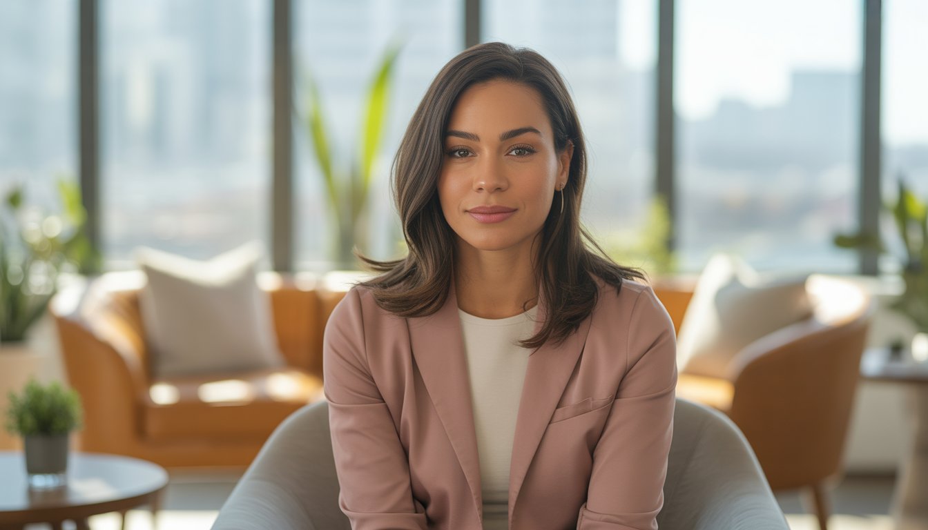 A woman therapist sitting in a bright office with large windows showing a city view, looking calm and approachable.