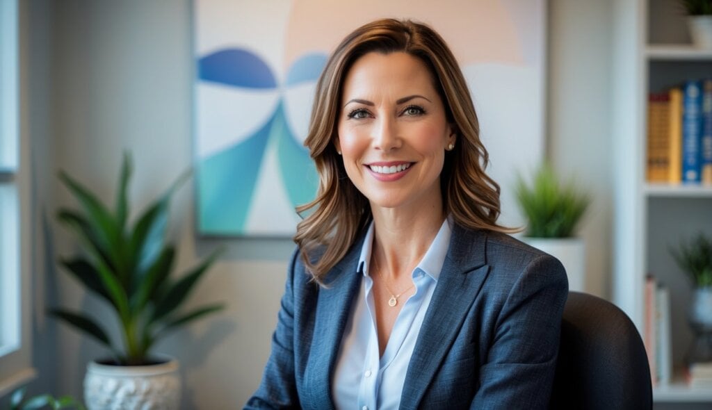 Female sitting down and smiling in a professional setting at an office