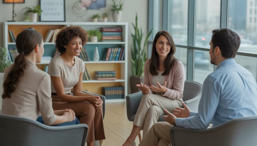 Three adults having a supportive therapy session in a bright, comfortable office with plants and bookshelves, with a city view through the window.