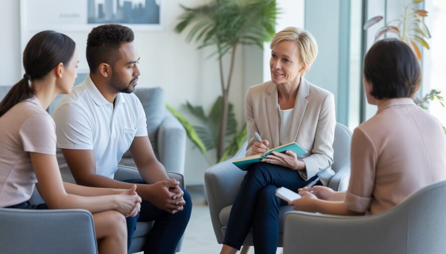 Three adults and a therapist having a supportive conversation in a bright office with a view of the Las Vegas skyline.
